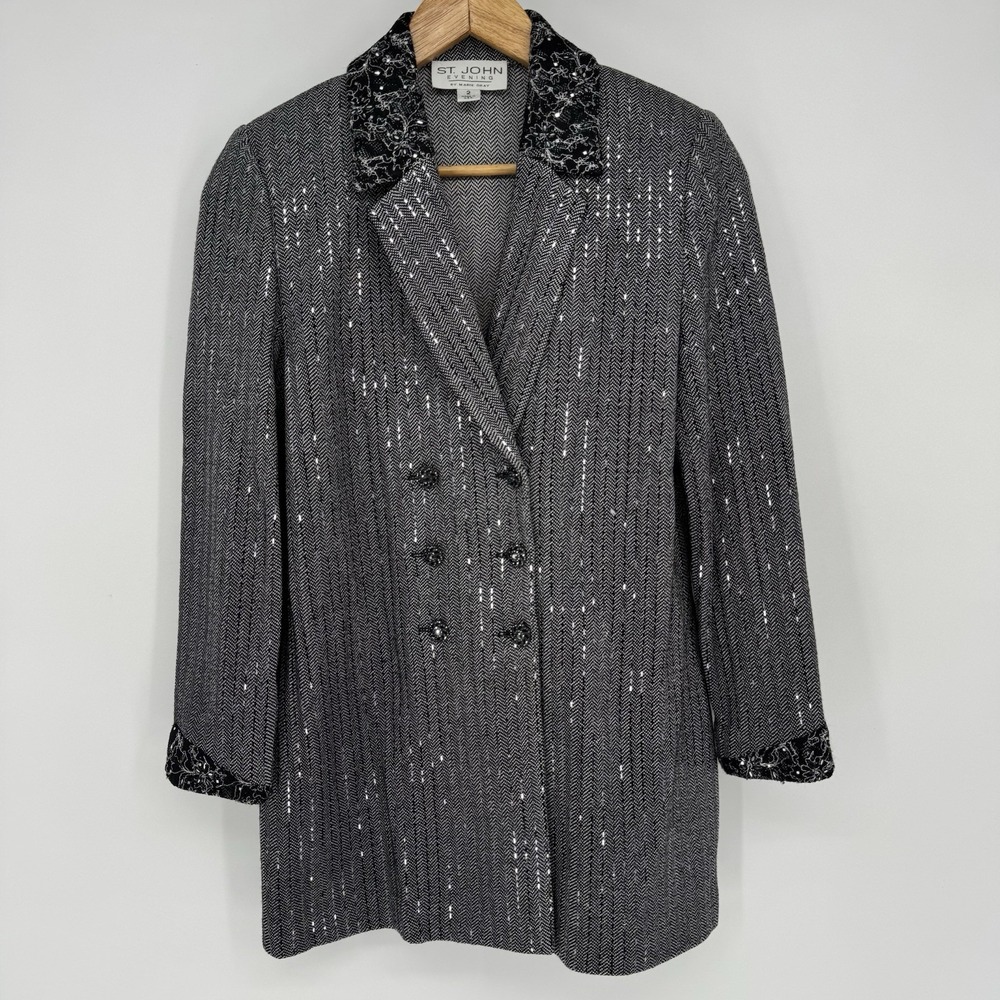 St John Evening Marie Gray‎ Black Knit Sequined  Bedazzled Jacket Size 2